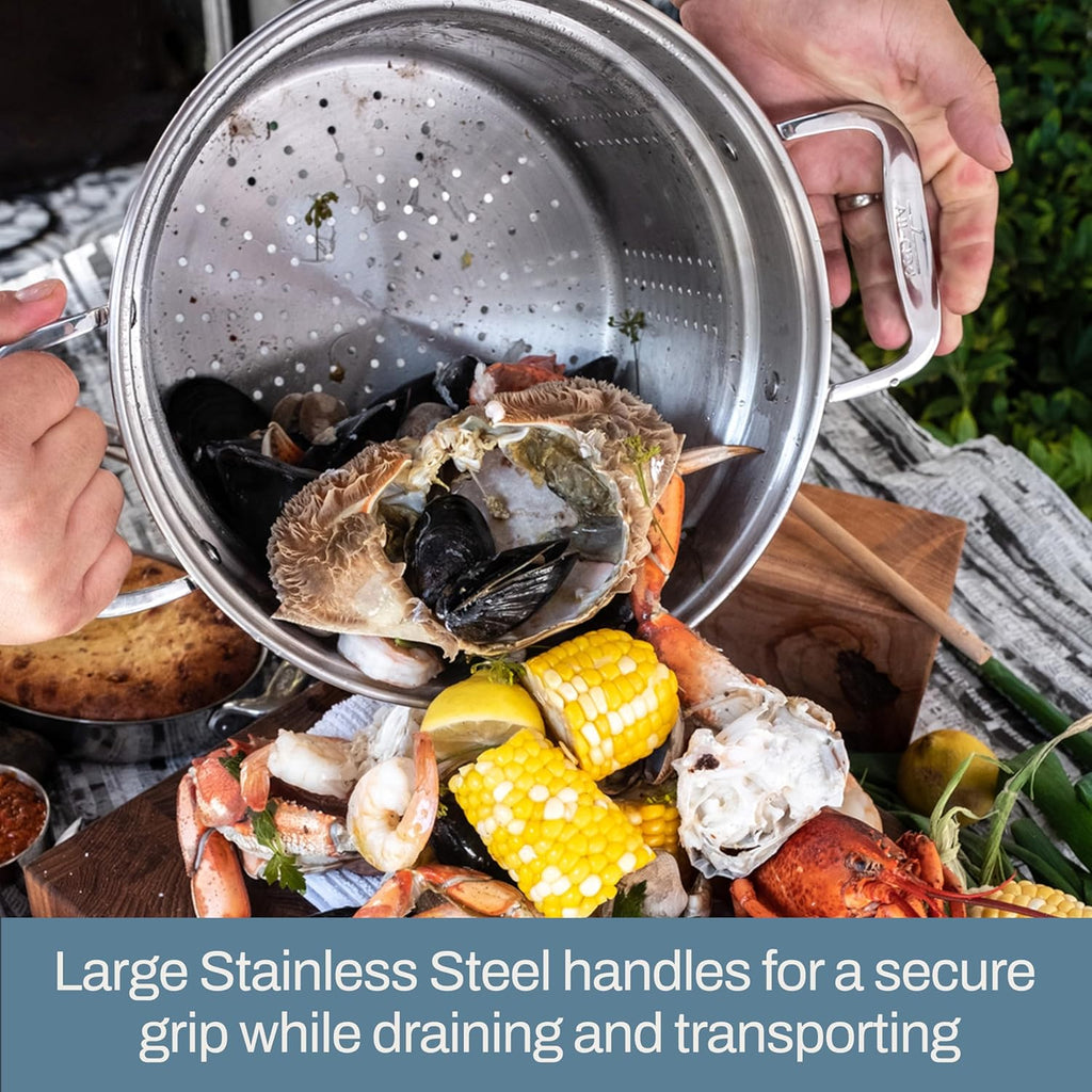 All-Clad Specialty Stainless Steel Stockpot, Multi-Pot with Strainer 3 Piece, 6 Quart Induction Oven Broiler Safe 500F Strainer, Pasta Strainer with Handle, Pots and Pans Silver - Grand Goldman