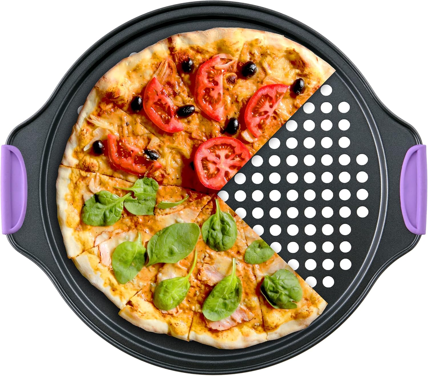 Amazing Abby - Chef Stacy - 2-Pack 13-Inch Non-Stick Pizza Pan with Holes, Perforated Pizza Crisper with Heat-Resistant Silicone Handle Grips, Oven-Safe Bakeware, Carbon Steel Baking Pan for Oven - Grand Goldman