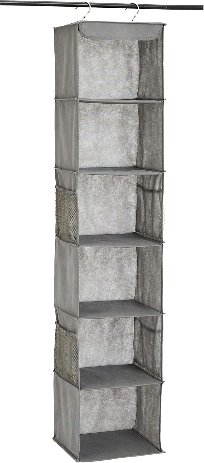 Amazon Basics 6-Tier Hanging Closet Shelf Organizer With Pockets, 8.5" D x 12" W x 9" H, Grey - Grand Goldman