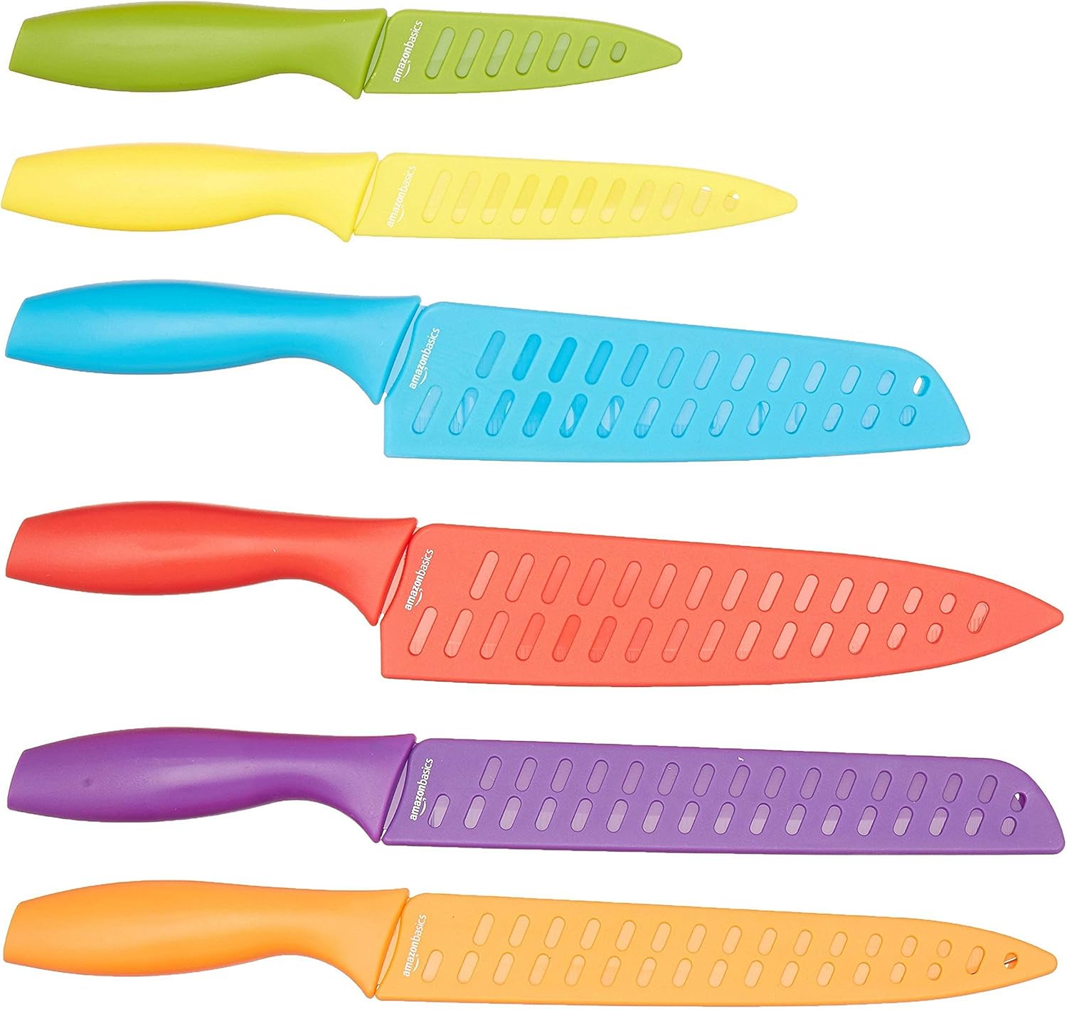 Amazon Basics Color-Coded Stainless Steel Kitchen Knife Set, 12-Piece with 6 Knives and 6 Blade Guards, Multicolor, 13.88 x 4.13 x 1.38 inch - Grand Goldman