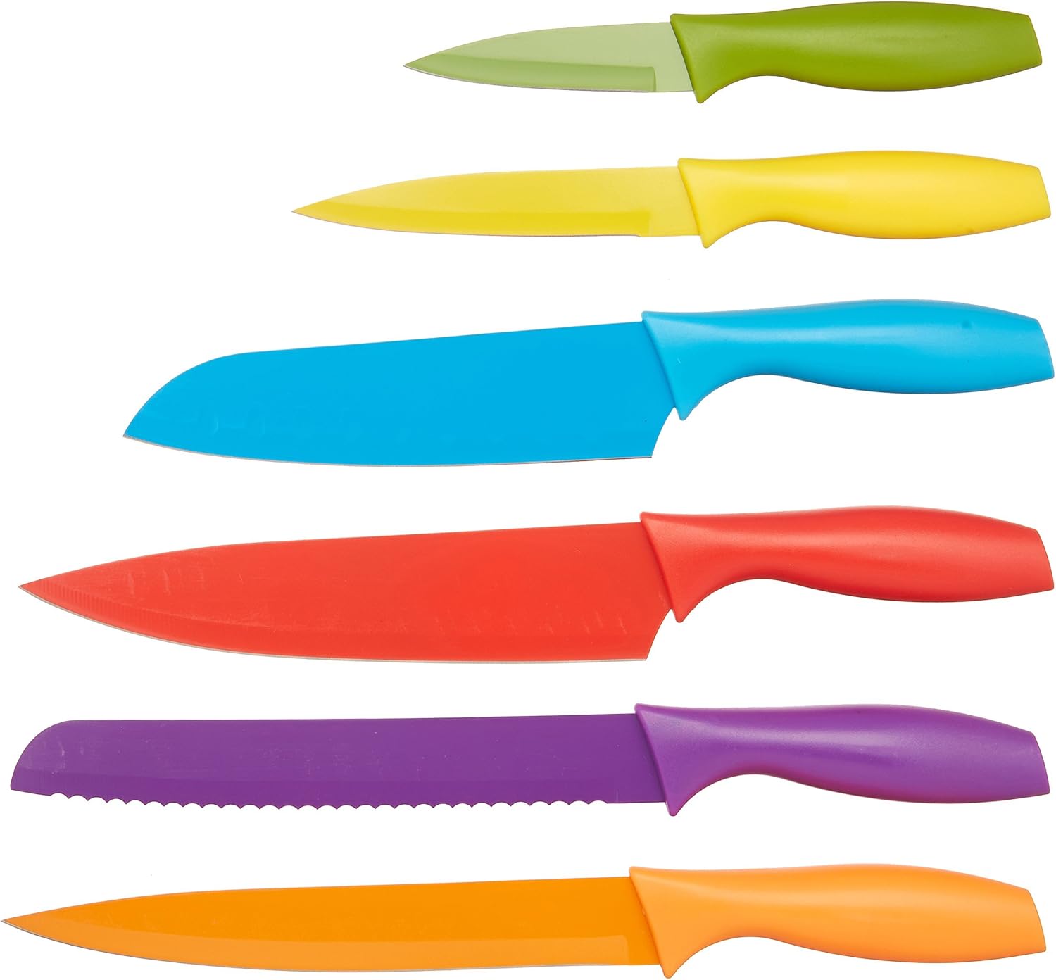 Amazon Basics Color-Coded Stainless Steel Kitchen Knife Set, 12-Piece with 6 Knives and 6 Blade Guards, Multicolor, 13.88 x 4.13 x 1.38 inch - Grand Goldman