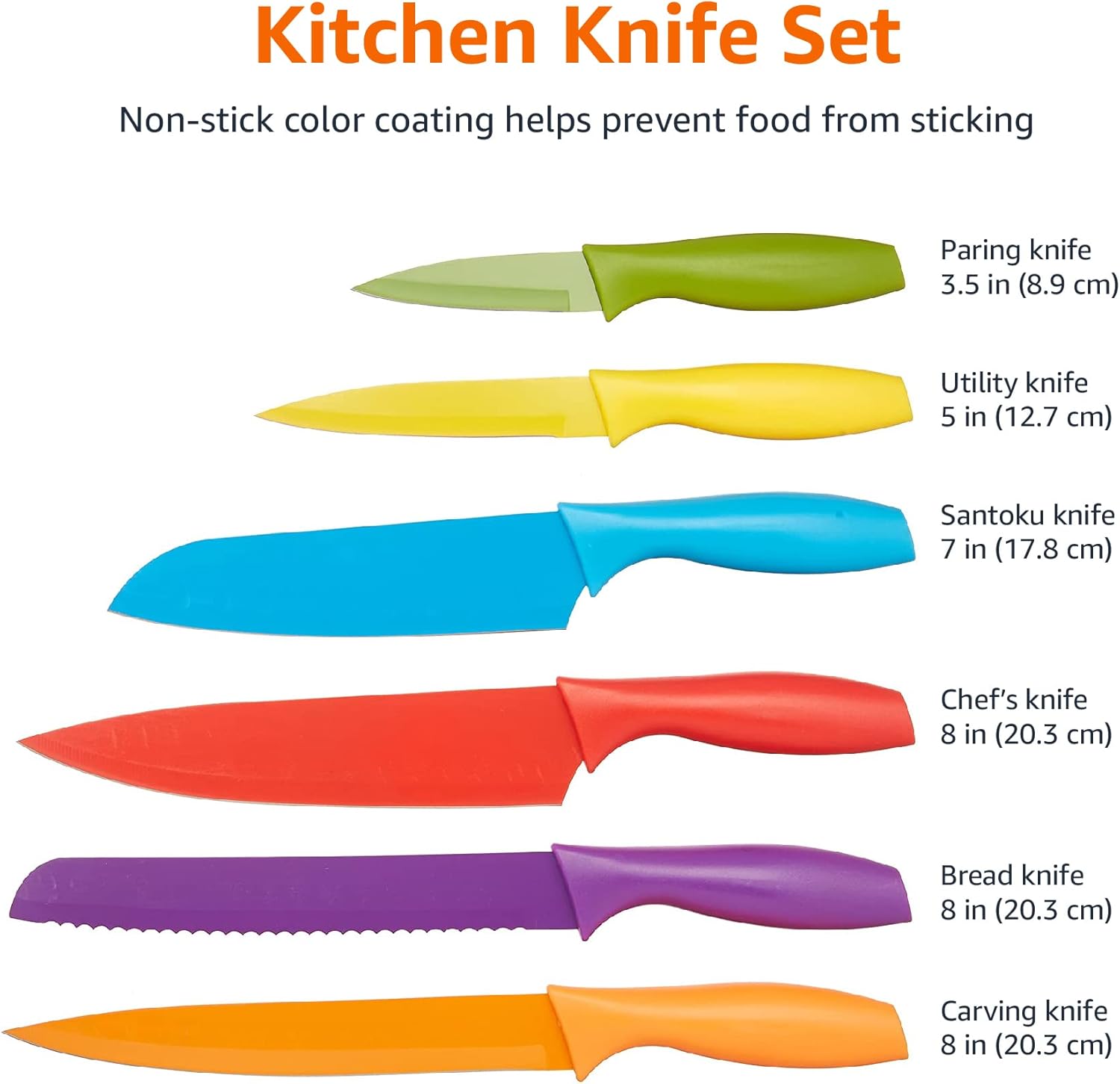 Amazon Basics Color-Coded Stainless Steel Kitchen Knife Set, 12-Piece with 6 Knives and 6 Blade Guards, Multicolor, 13.88 x 4.13 x 1.38 inch - Grand Goldman