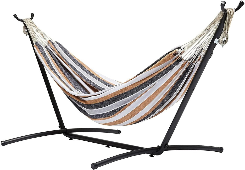 Amazon Basics Double Hammock with 9-Foot Space Saving Steel Stand and Carrying Case, 450 lb Capacity, Sunset Orange, Stripe, 110 x 47 x 43 inches - Grand Goldman
