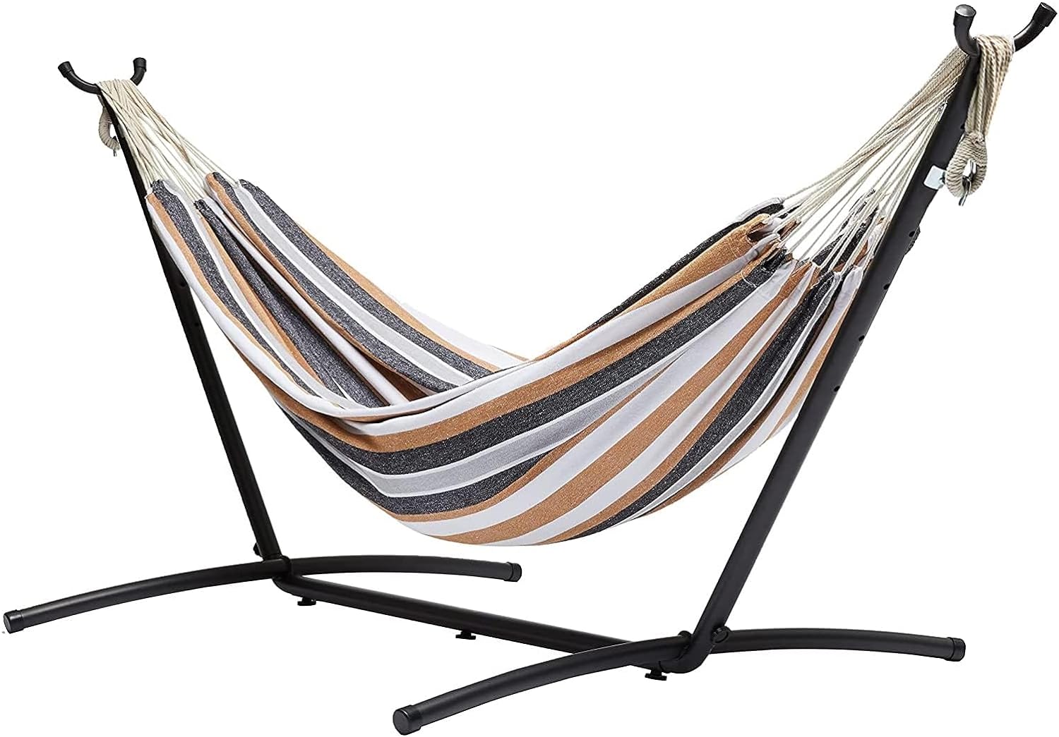 Amazon Basics Double Hammock with 9-Foot Space Saving Steel Stand and Carrying Case, 450 lb Capacity, Sunset Orange, Stripe, 110 x 47 x 43 inches - Grand Goldman