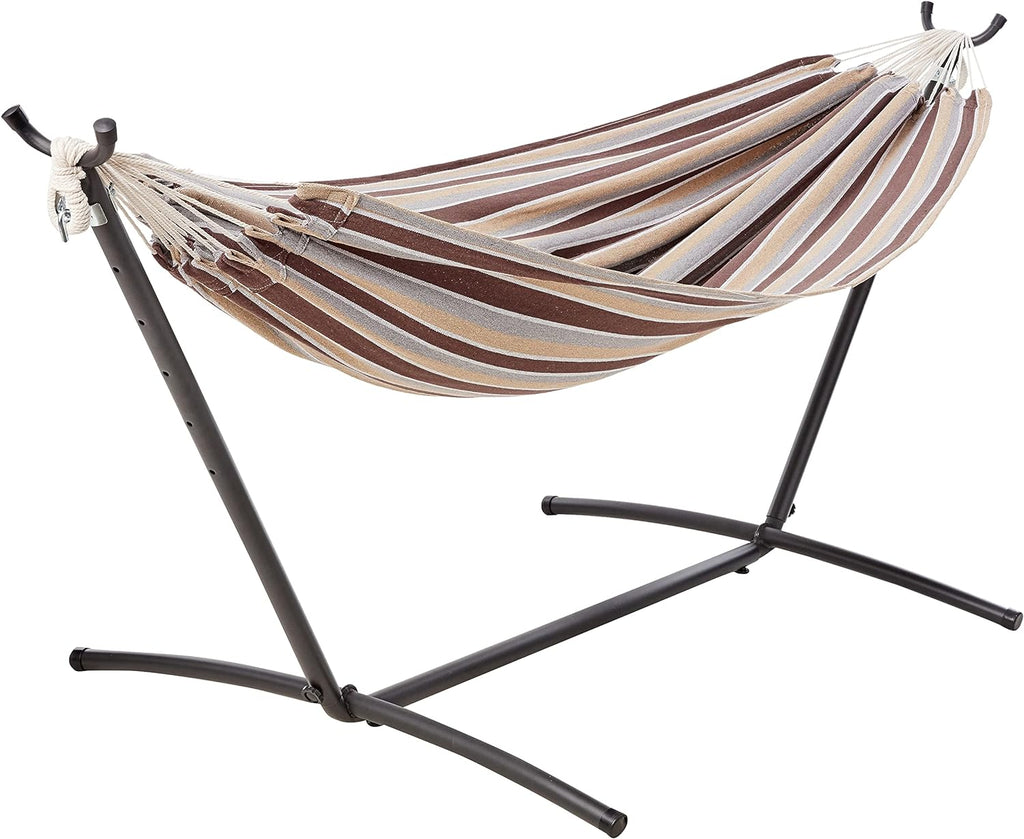 Amazon Basics Double Hammock with 9-Foot Space Saving Steel Stand and Carrying Case, 450 lb Capacity, Sunset Orange, Stripe, 110 x 47 x 43 inches - Grand Goldman
