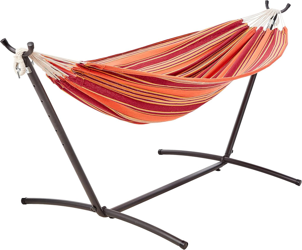 Amazon Basics Double Hammock with 9-Foot Space Saving Steel Stand and Carrying Case, 450 lb Capacity, Sunset Orange, Stripe, 110 x 47 x 43 inches - Grand Goldman