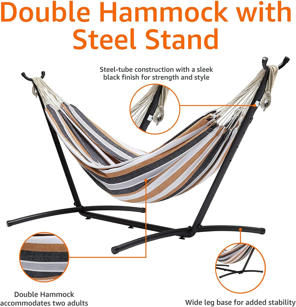 Amazon Basics Double Hammock with 9-Foot Space Saving Steel Stand and Carrying Case, 450 lb Capacity, Sunset Orange, Stripe, 110 x 47 x 43 inches - Grand Goldman
