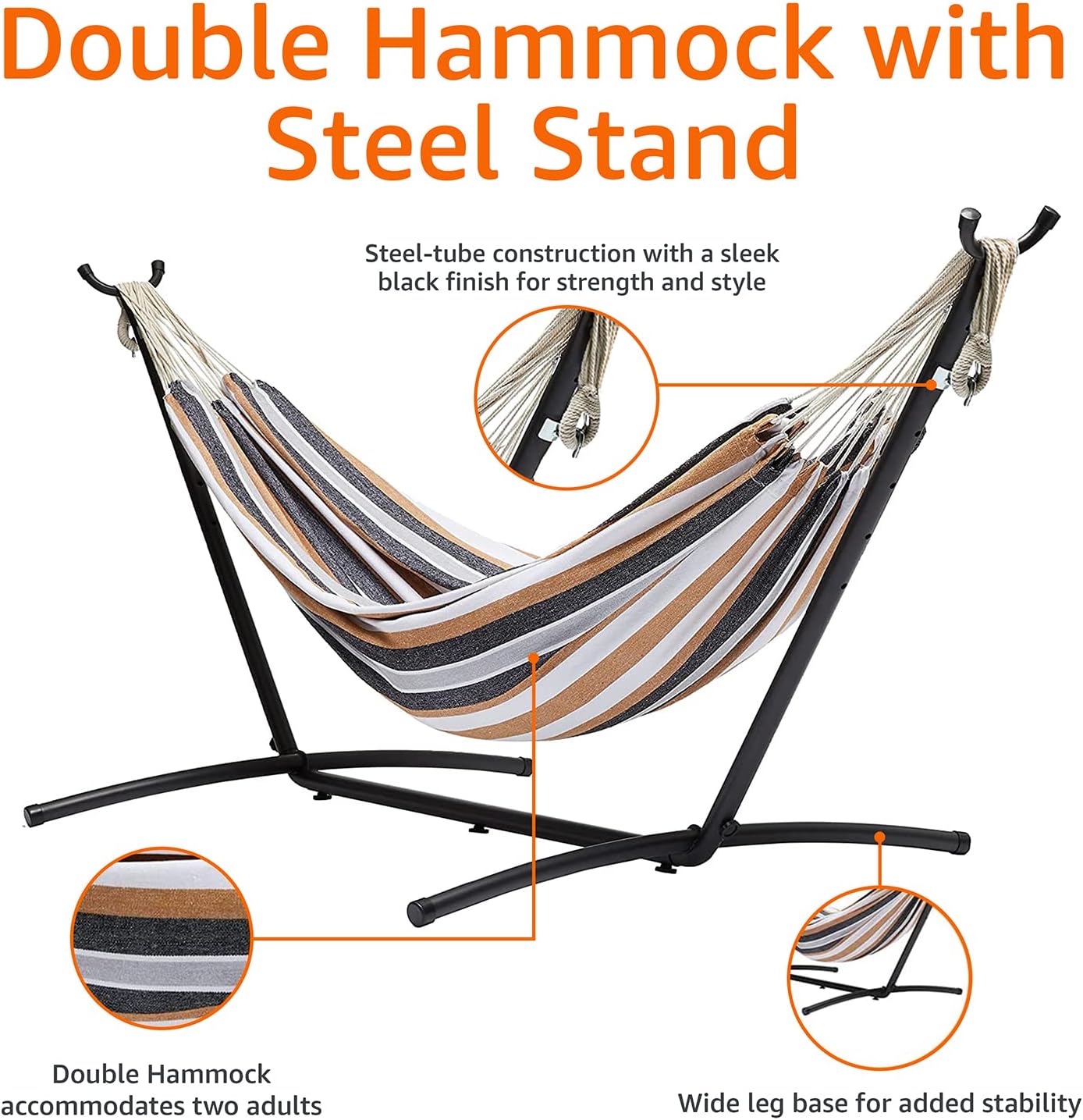 Amazon Basics Double Hammock with 9-Foot Space Saving Steel Stand and Carrying Case, 450 lb Capacity, Sunset Orange, Stripe, 110 x 47 x 43 inches - Grand Goldman