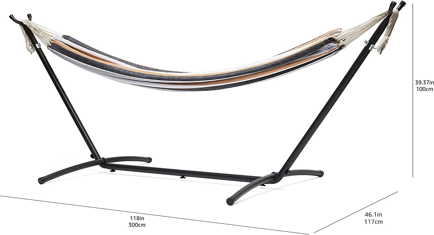 Amazon Basics Double Hammock with 9-Foot Space Saving Steel Stand and Carrying Case, 450 lb Capacity, Sunset Orange, Stripe, 110 x 47 x 43 inches - Grand Goldman