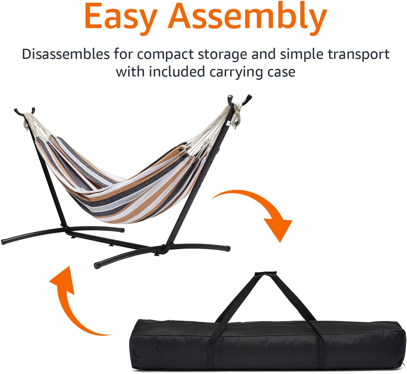 Amazon Basics Double Hammock with 9-Foot Space Saving Steel Stand and Carrying Case, 450 lb Capacity, Sunset Orange, Stripe, 110 x 47 x 43 inches - Grand Goldman