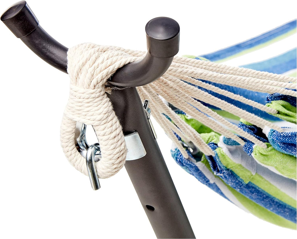 Amazon Basics Double Hammock with 9-Foot Space Saving Steel Stand and Carrying Case, 450 lb Capacity, Sunset Orange, Stripe, 110 x 47 x 43 inches - Grand Goldman