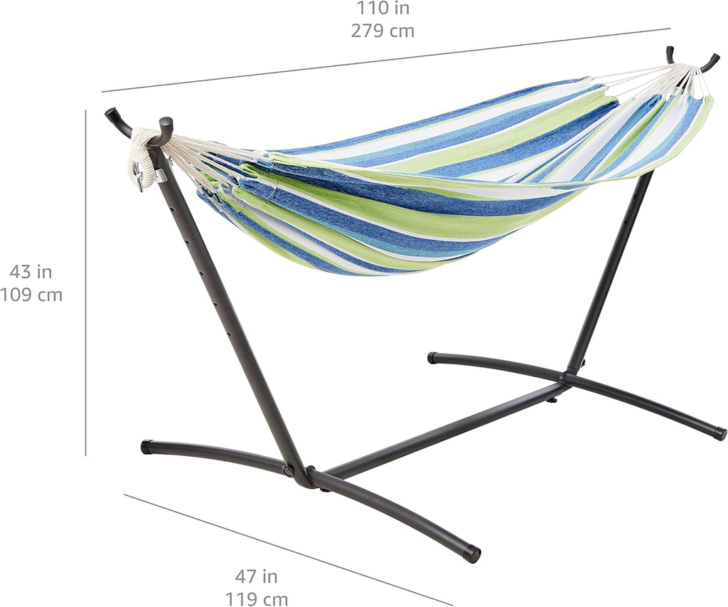 Amazon Basics Double Hammock with 9-Foot Space Saving Steel Stand and Carrying Case, 450 lb Capacity, Sunset Orange, Stripe, 110 x 47 x 43 inches - Grand Goldman