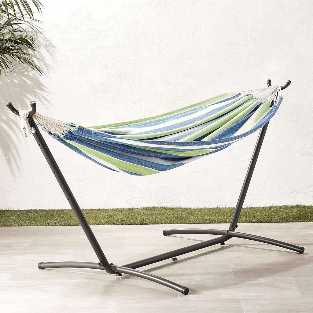 Amazon Basics Double Hammock with 9-Foot Space Saving Steel Stand and Carrying Case, 450 lb Capacity, Sunset Orange, Stripe, 110 x 47 x 43 inches - Grand Goldman
