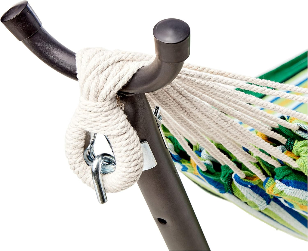 Amazon Basics Double Hammock with 9-Foot Space Saving Steel Stand and Carrying Case, 450 lb Capacity, Sunset Orange, Stripe, 110 x 47 x 43 inches - Grand Goldman