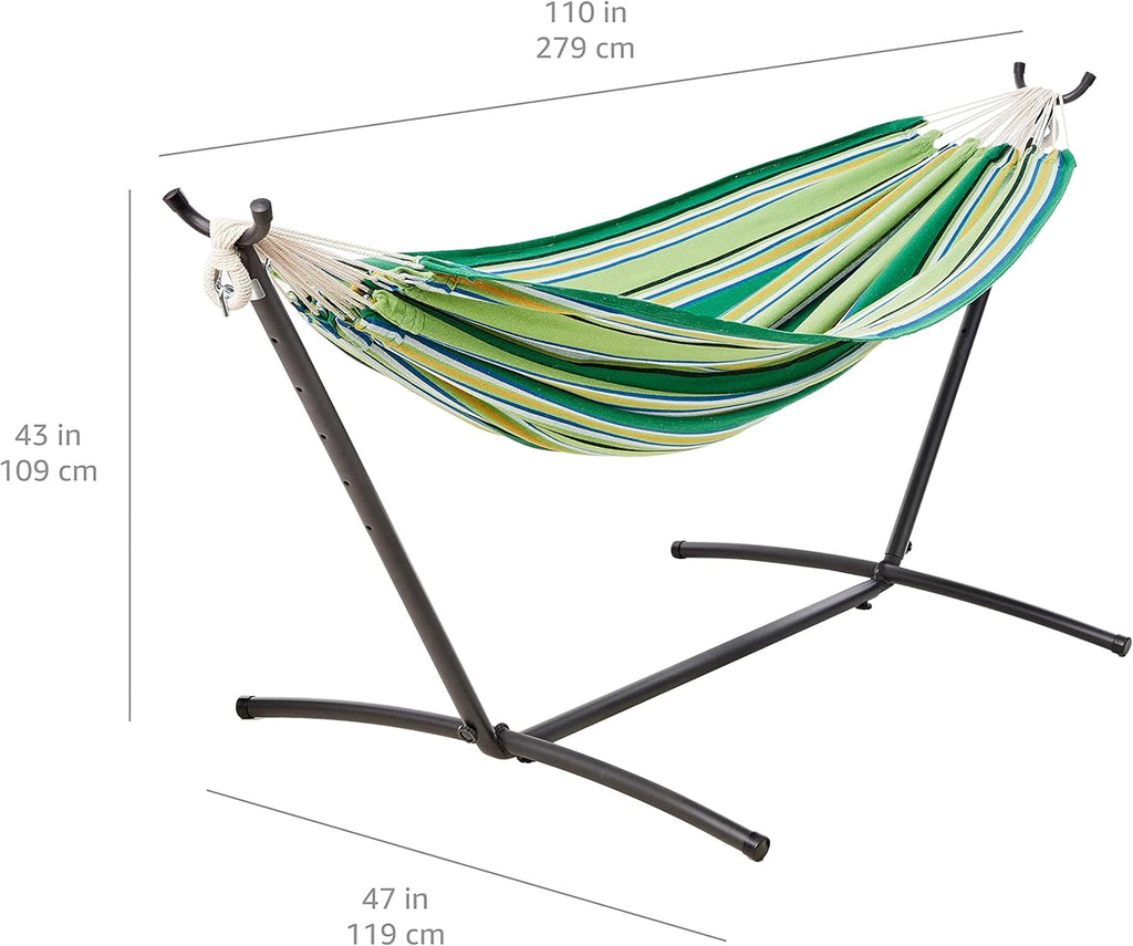 Amazon Basics Double Hammock with 9-Foot Space Saving Steel Stand and Carrying Case, 450 lb Capacity, Sunset Orange, Stripe, 110 x 47 x 43 inches - Grand Goldman