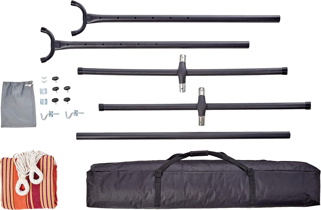 Amazon Basics Double Hammock with 9-Foot Space Saving Steel Stand and Carrying Case, 450 lb Capacity, Sunset Orange, Stripe, 110 x 47 x 43 inches - Grand Goldman