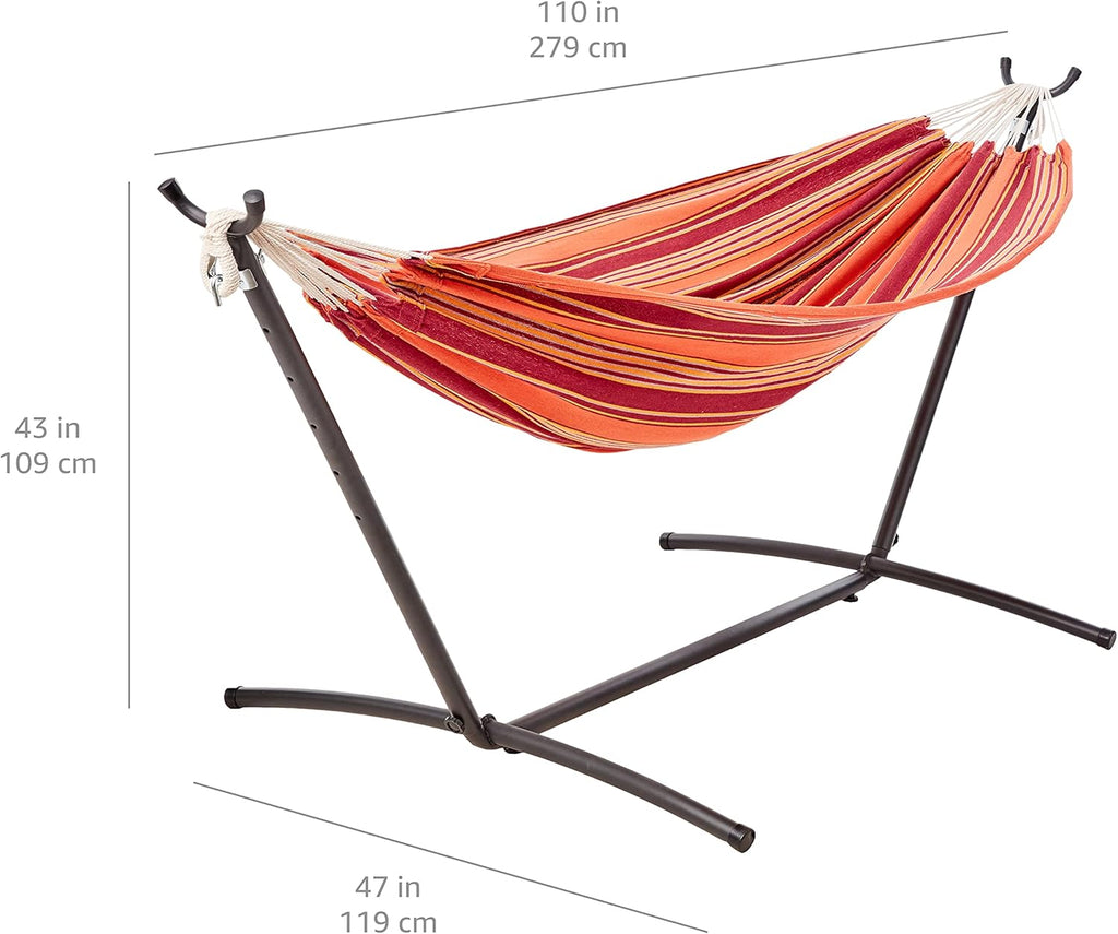 Amazon Basics Double Hammock with 9-Foot Space Saving Steel Stand and Carrying Case, 450 lb Capacity, Sunset Orange, Stripe, 110 x 47 x 43 inches - Grand Goldman