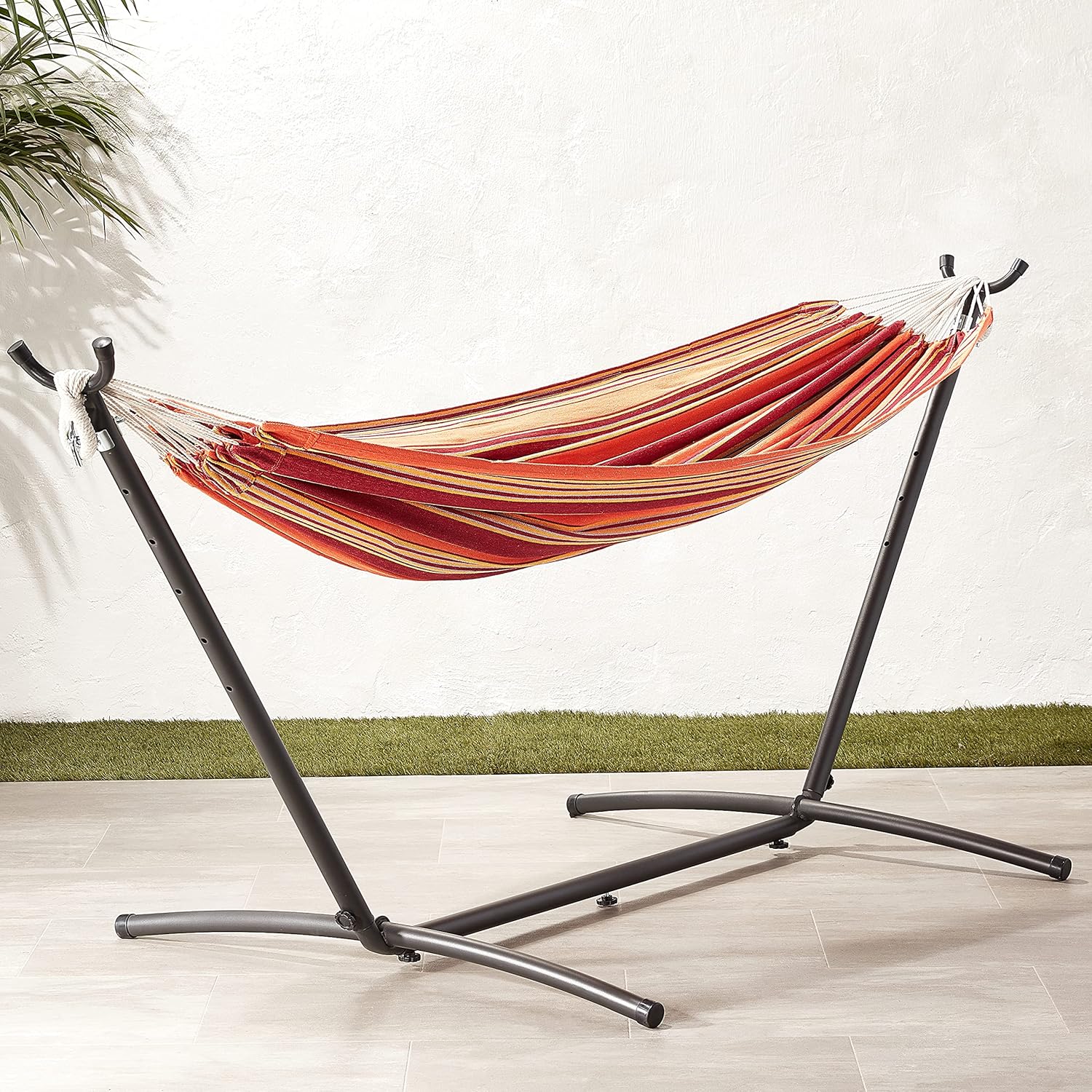 Amazon Basics Double Hammock with 9-Foot Space Saving Steel Stand and Carrying Case, 450 lb Capacity, Sunset Orange, Stripe, 110 x 47 x 43 inches - Grand Goldman