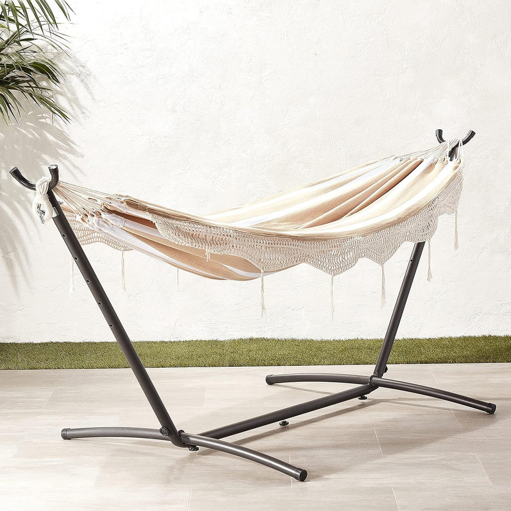 Amazon Basics Double Hammock with 9-Foot Space Saving Steel Stand and Carrying Case, 450 lb Capacity, Sunset Orange, Stripe, 110 x 47 x 43 inches - Grand Goldman