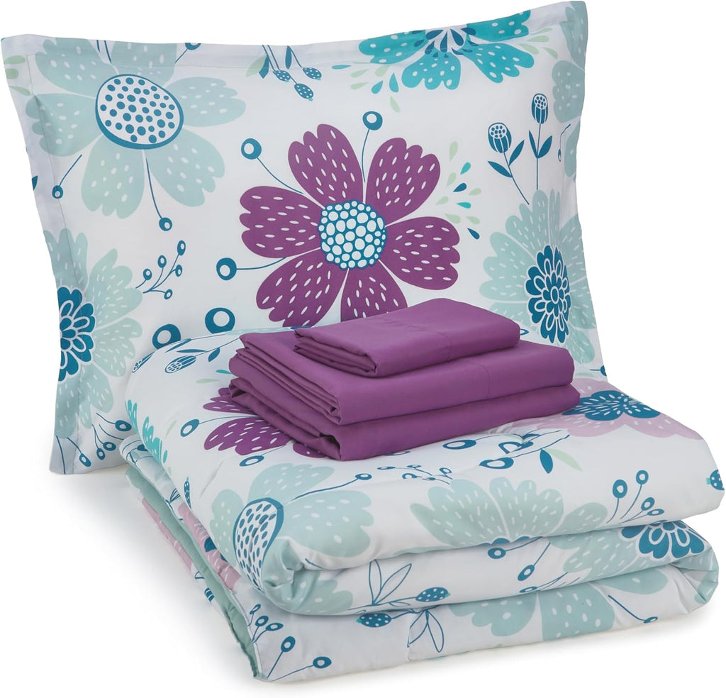 Amazon Basics Kid's Easy Care Microfiber Bed-in-a-Bag 5-Piece Bedding Set, Twin, Butterfly Friends - Grand Goldman