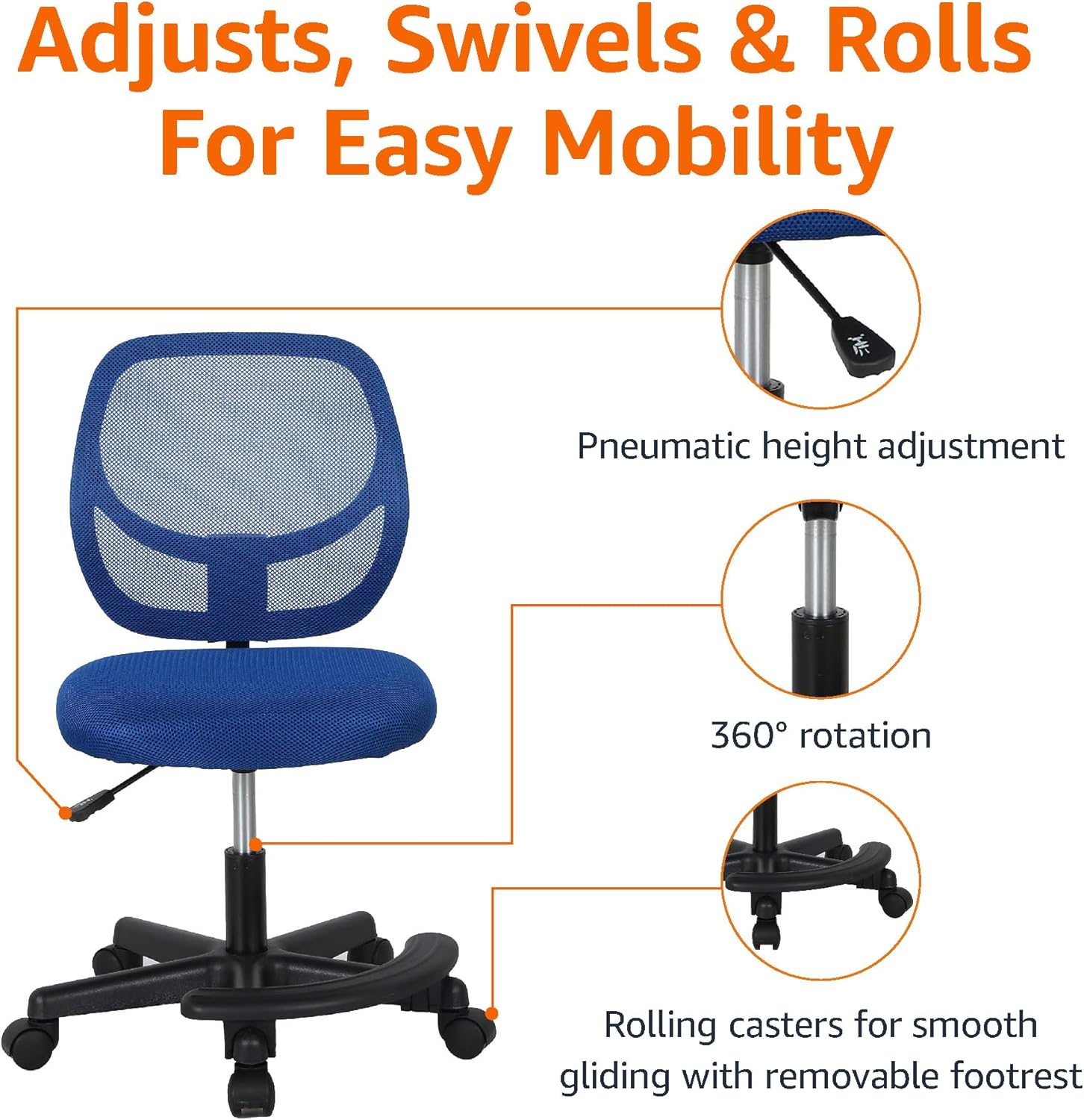 Amazon Basics Kids Adjustable Mesh Low-Back Swivel Study Desk Chair with Footrest, Blue - Grand Goldman