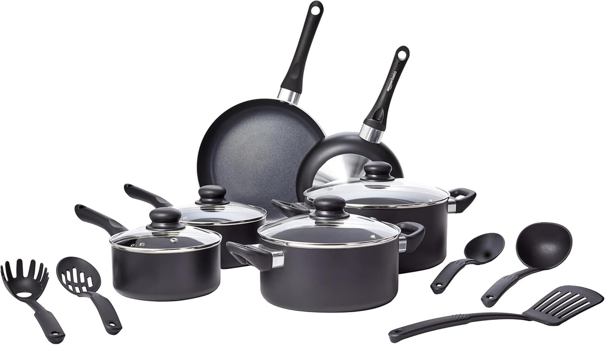 Amazon Basics Non Stick 8-Piece Kitchen Cookware Set, Includes Pots and Pans, Black - Grand Goldman