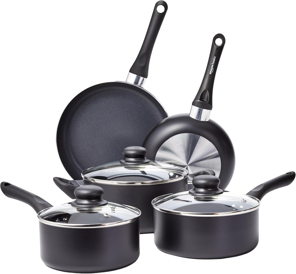 Amazon Basics Non Stick 8-Piece Kitchen Cookware Set, Includes Pots and Pans, Black - Grand Goldman