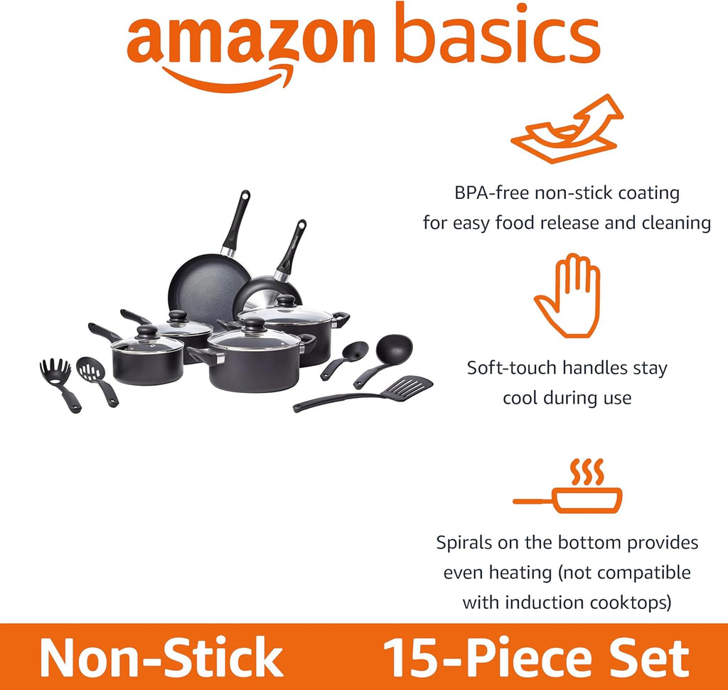 Amazon Basics Non Stick 8-Piece Kitchen Cookware Set, Includes Pots and Pans, Black - Grand Goldman