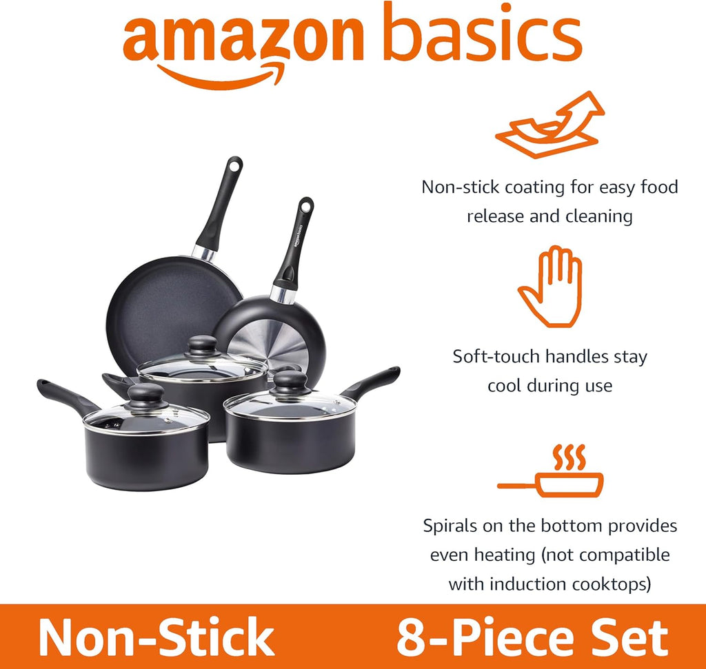 Amazon Basics Non Stick 8-Piece Kitchen Cookware Set, Includes Pots and Pans, Black - Grand Goldman