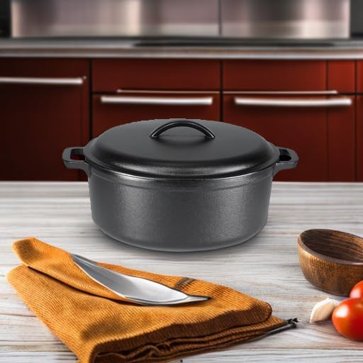 Amazon Basics Round Pre-Seasoned Cast Iron Dutch Oven Pot with Lid and Dual Handles, Heavy-Duty & Large, 7-Quart, Black - Grand Goldman