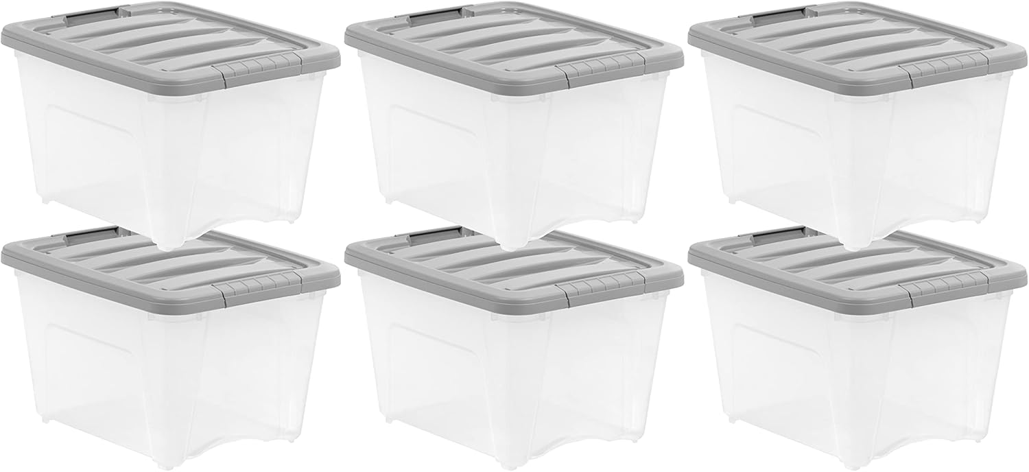 Amazon Basics Storage Bins with Lids, 32 Quart Stackable Plastic Latching containers - Clear/Grey- Pack of 6 - Grand Goldman