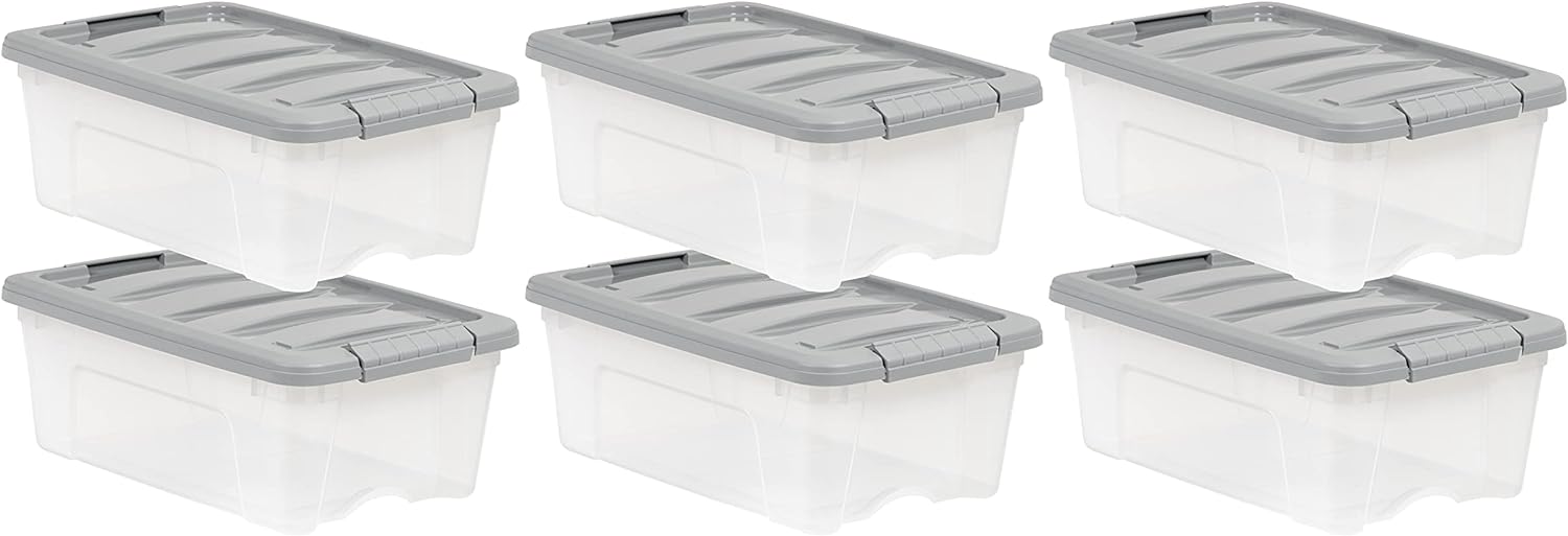 Amazon Basics Storage Bins with Lids, 32 Quart Stackable Plastic Latching containers - Clear/Grey- Pack of 6 - Grand Goldman