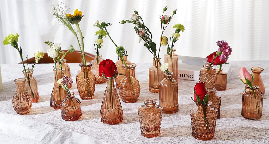Amber Glass Bud Vases -Set of 20 for Flowers, Small Amber Bud Vases in Bulk for Centerpieces Decor, Amber Mini Glass Vase,Home Table Decorations Bud Vases - Grand Goldman