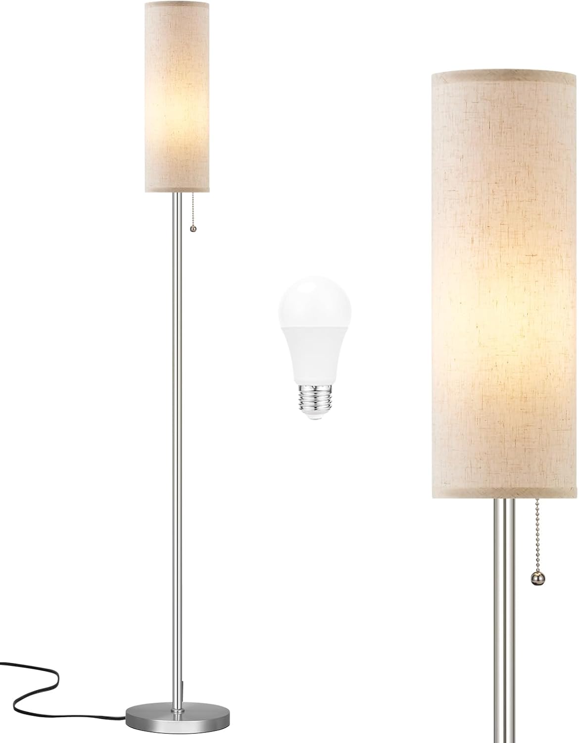 Ambimall 64'' Floor Lamp for Living Room with Bulb - Tall Lamps with Beige Lampshade & Pull Chain Switch, Pole Lamps for Bedrooms Tall, Minimalist Floor Lamp - Grand Goldman