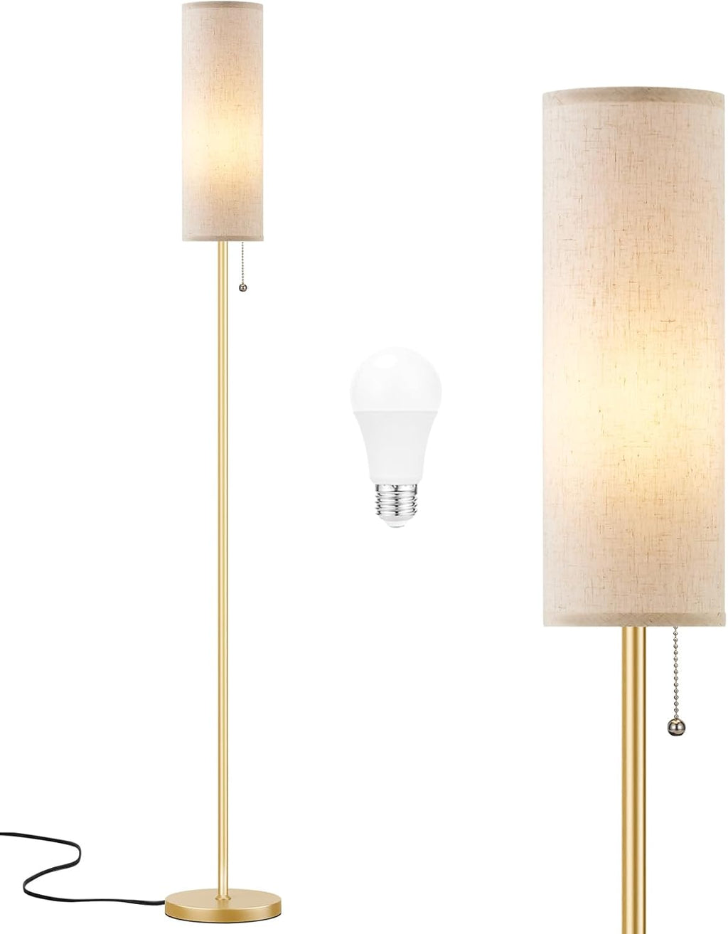 Ambimall 64'' Floor Lamp for Living Room with Bulb - Tall Lamps with Beige Lampshade & Pull Chain Switch, Pole Lamps for Bedrooms Tall, Minimalist Floor Lamp - Grand Goldman