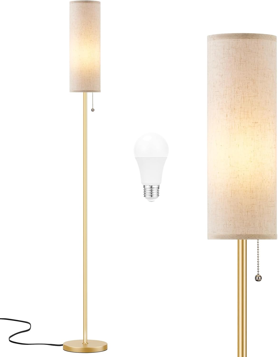 Ambimall 64'' Floor Lamp for Living Room with Bulb - Tall Lamps with Beige Lampshade & Pull Chain Switch, Pole Lamps for Bedrooms Tall, Minimalist Floor Lamp - Grand Goldman