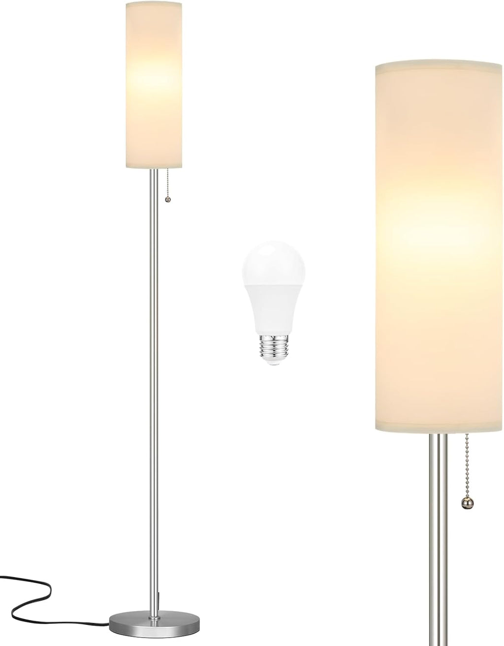 Ambimall 64'' Floor Lamp for Living Room with Bulb - Tall Lamps with Beige Lampshade & Pull Chain Switch, Pole Lamps for Bedrooms Tall, Minimalist Floor Lamp - Grand Goldman