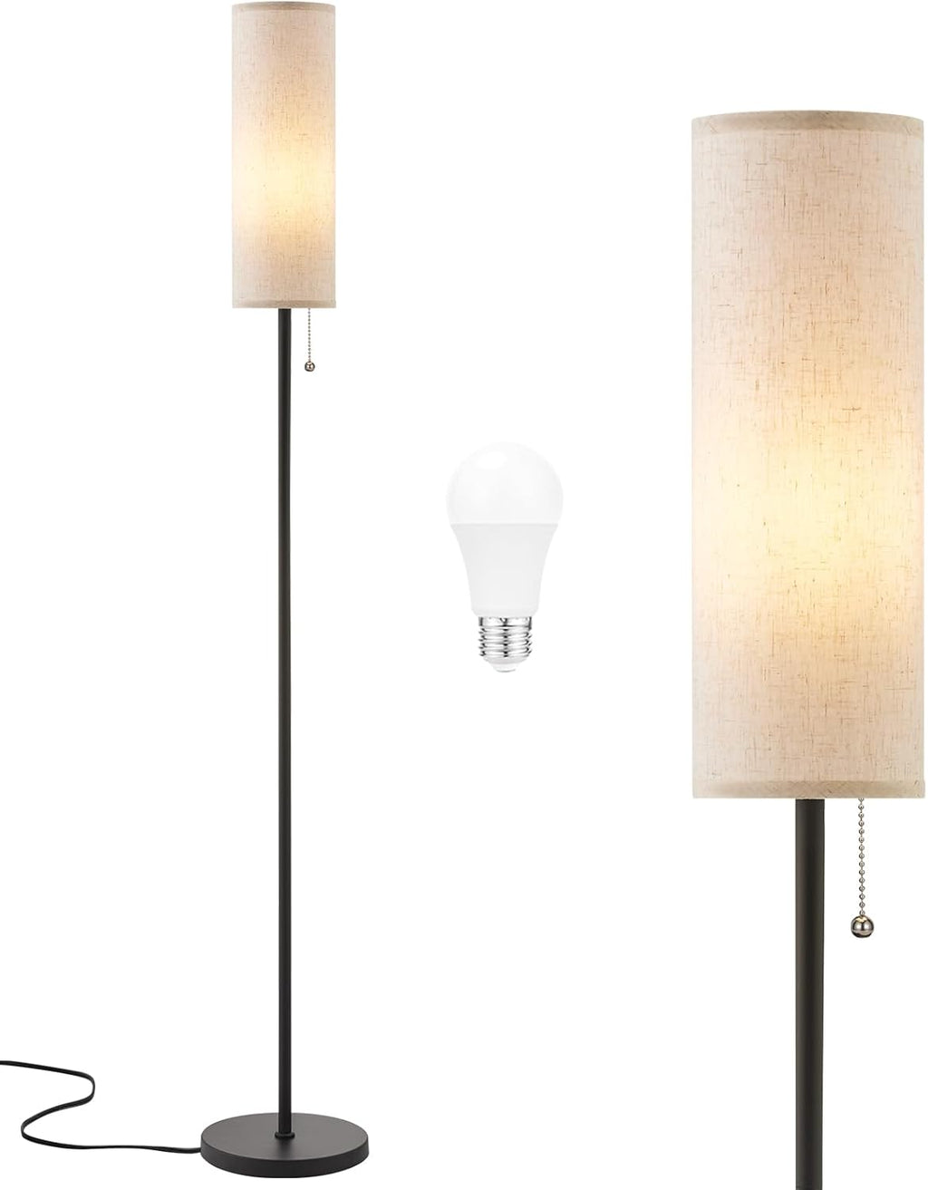 Ambimall 64'' Floor Lamp for Living Room with Bulb - Tall Lamps with Beige Lampshade & Pull Chain Switch, Pole Lamps for Bedrooms Tall, Minimalist Floor Lamp - Grand Goldman