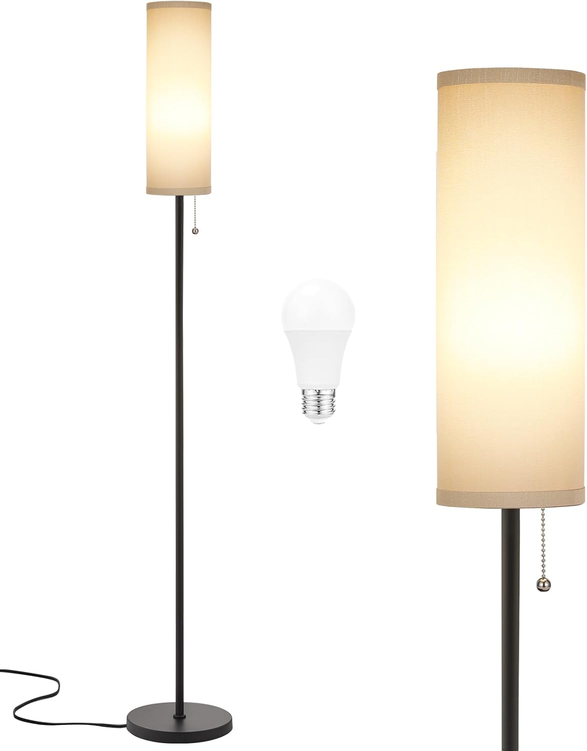 Ambimall 64'' Floor Lamp for Living Room with Bulb - Tall Lamps with Beige Lampshade & Pull Chain Switch, Pole Lamps for Bedrooms Tall, Minimalist Floor Lamp - Grand Goldman