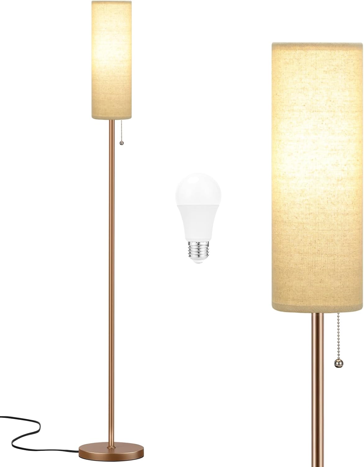 Ambimall 64'' Floor Lamp for Living Room with Bulb - Tall Lamps with Beige Lampshade & Pull Chain Switch, Pole Lamps for Bedrooms Tall, Minimalist Floor Lamp - Grand Goldman