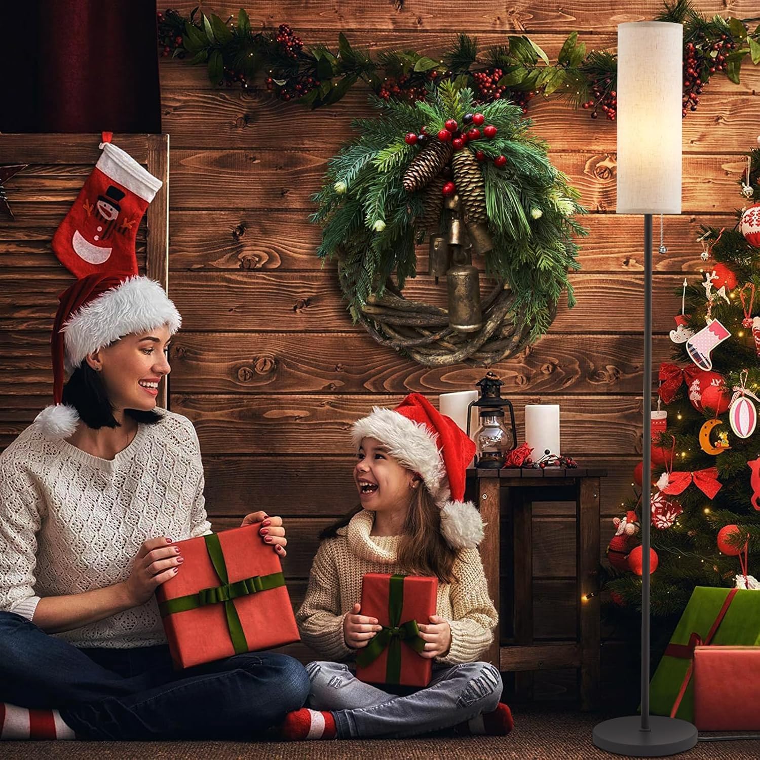 Ambimall 64'' Floor Lamp for Living Room with Bulb - Tall Lamps with Beige Lampshade & Pull Chain Switch, Pole Lamps for Bedrooms Tall, Minimalist Floor Lamp - Grand Goldman