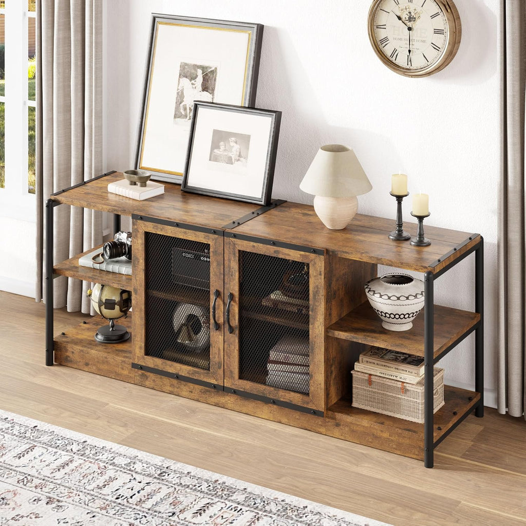 Amyove Farmhouse TV Stand for 65/75 inches TVs, Industrial Entertainment Center with Double Mesh Doors and Storage Cabinet, Rustic TV Cabinet TV Media Console Table for Living Room, Grey - Grand Goldman