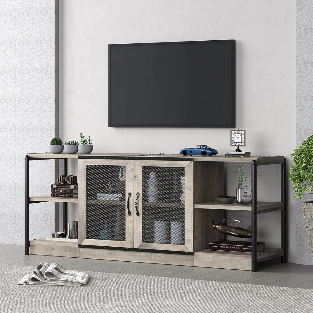 Amyove Farmhouse TV Stand for 65/75 inches TVs, Industrial Entertainment Center with Double Mesh Doors and Storage Cabinet, Rustic TV Cabinet TV Media Console Table for Living Room, Grey - Grand Goldman