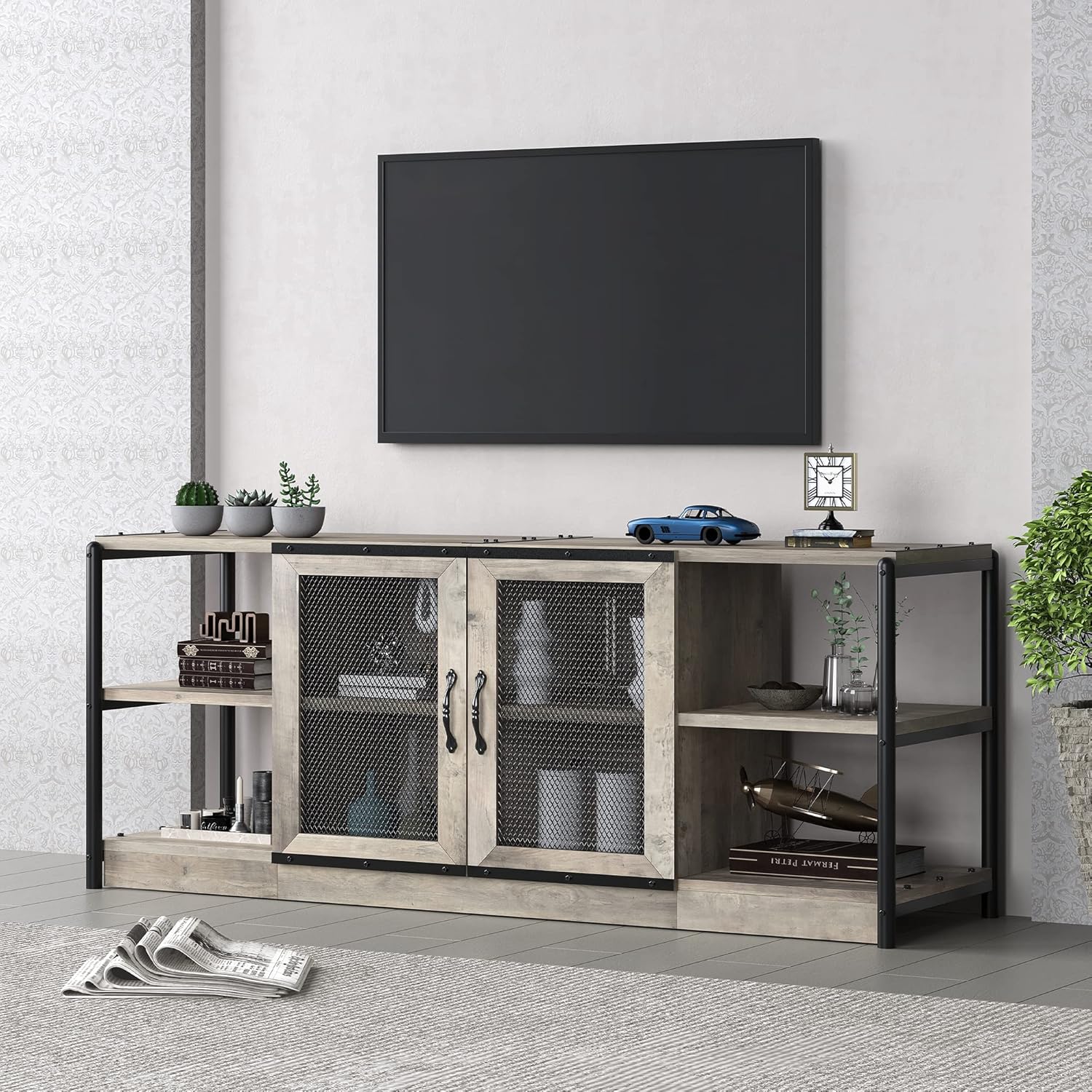 Amyove Farmhouse TV Stand for 65/75 inches TVs, Industrial Entertainment Center with Double Mesh Doors and Storage Cabinet, Rustic TV Cabinet TV Media Console Table for Living Room, Grey - Grand Goldman