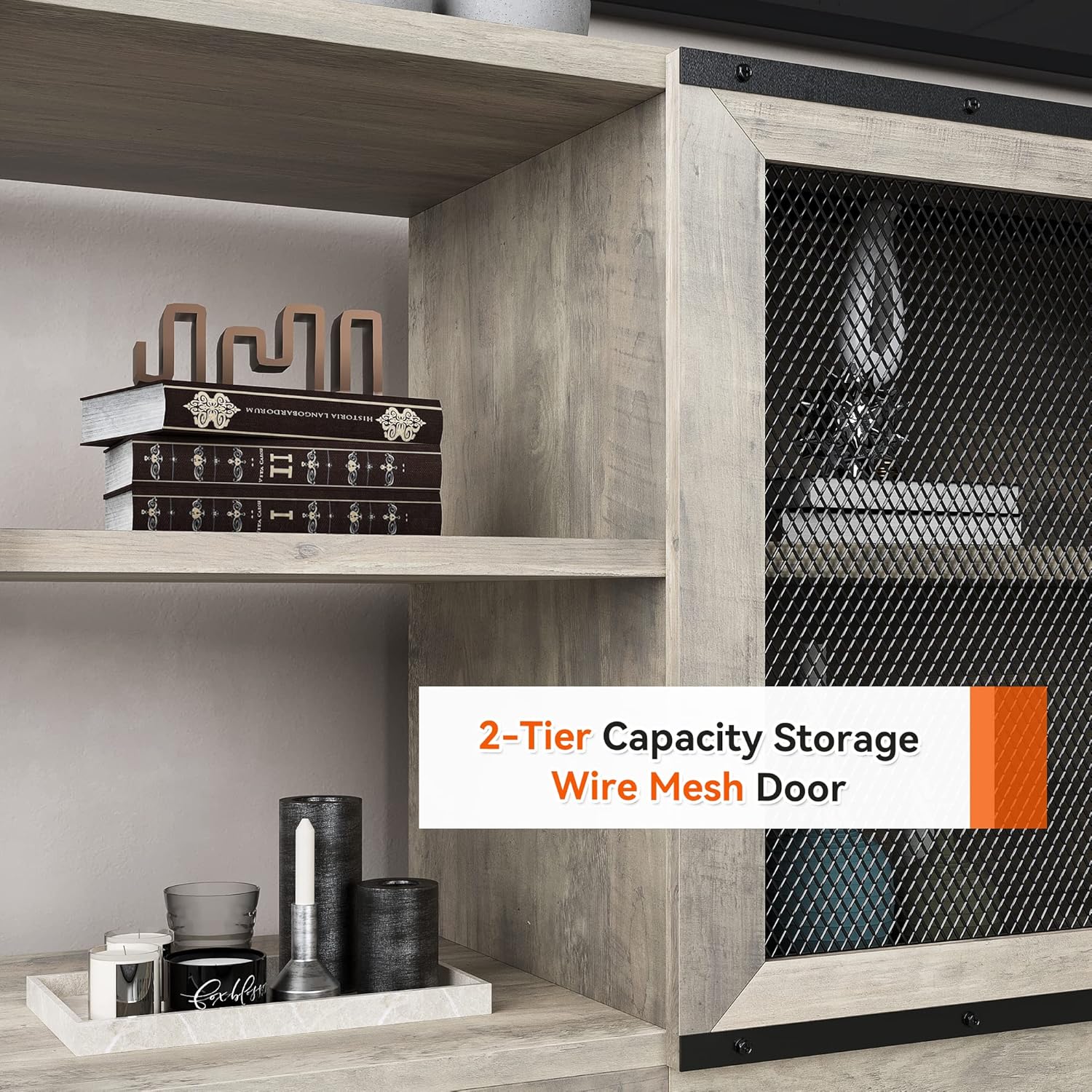 Amyove Farmhouse TV Stand for 65/75 inches TVs, Industrial Entertainment Center with Double Mesh Doors and Storage Cabinet, Rustic TV Cabinet TV Media Console Table for Living Room, Grey - Grand Goldman