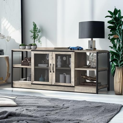Amyove Farmhouse TV Stand for 65/75 inches TVs, Industrial Entertainment Center with Double Mesh Doors and Storage Cabinet, Rustic TV Cabinet TV Media Console Table for Living Room, Grey - Grand Goldman