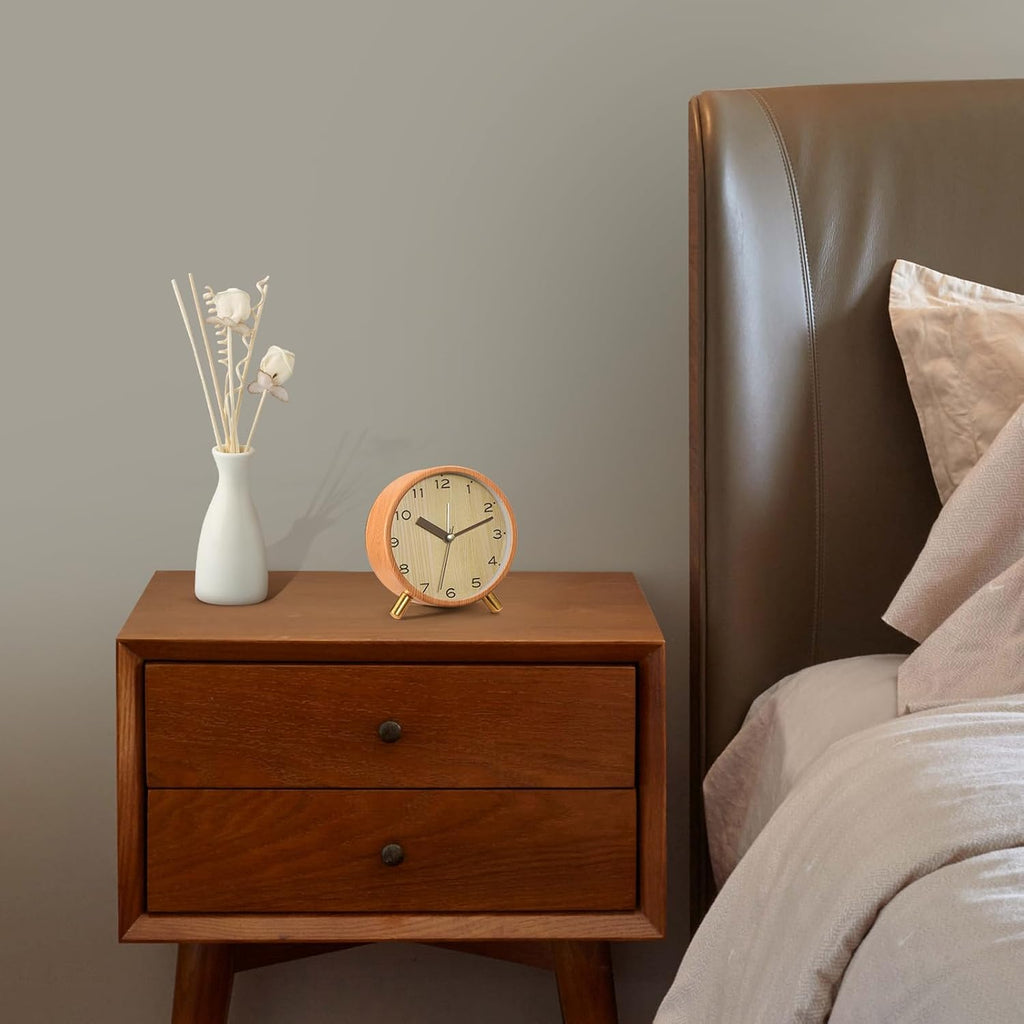 Analog Alarm Clocks,4.5" Metal Alarm Clock with Wood Grain Finish,Sound-Activated Night Light,Non-Ticking Silent,Battery Operated,for Bedroom,Bedside Desktop (Light Colored) - Grand Goldman
