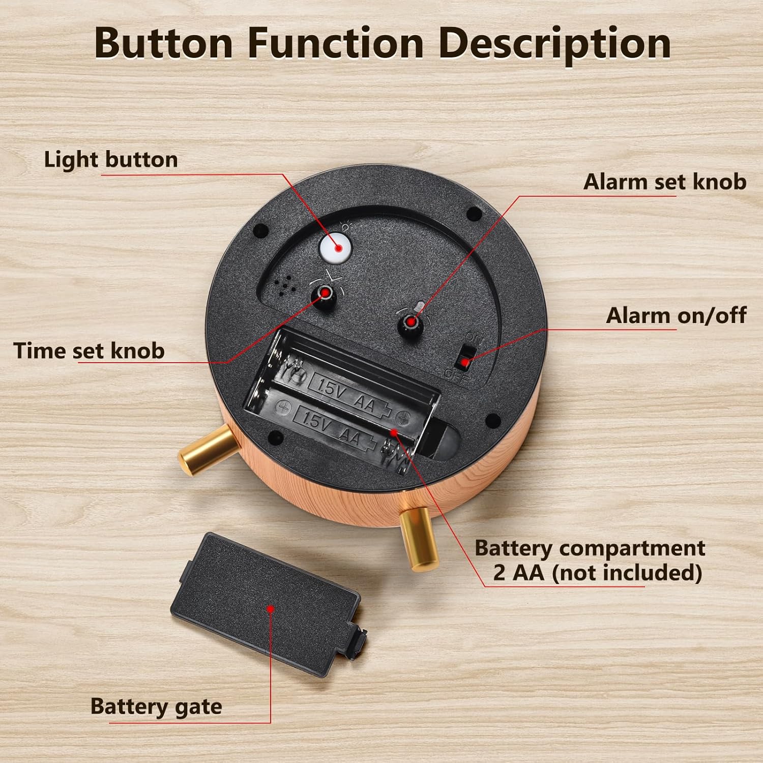 Analog Alarm Clocks,4.5" Metal Alarm Clock with Wood Grain Finish,Sound-Activated Night Light,Non-Ticking Silent,Battery Operated,for Bedroom,Bedside Desktop (Light Colored) - Grand Goldman