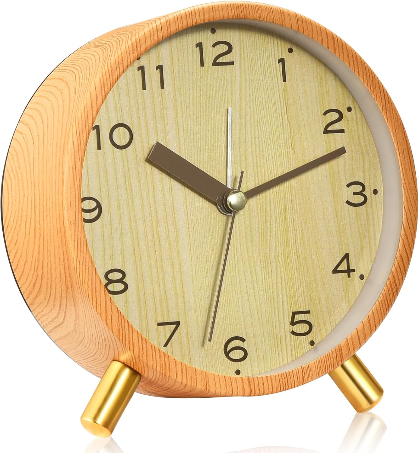 Analog Alarm Clocks,4.5" Metal Alarm Clock with Wood Grain Finish,Sound-Activated Night Light,Non-Ticking Silent,Battery Operated,for Bedroom,Bedside Desktop (Light Colored) - Grand Goldman