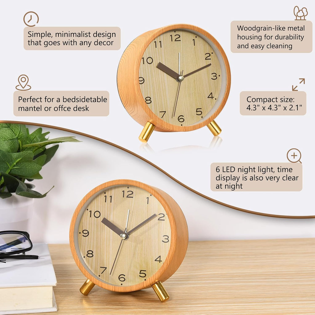 Analog Alarm Clocks,4.5" Metal Alarm Clock with Wood Grain Finish,Sound-Activated Night Light,Non-Ticking Silent,Battery Operated,for Bedroom,Bedside Desktop (Light Colored) - Grand Goldman